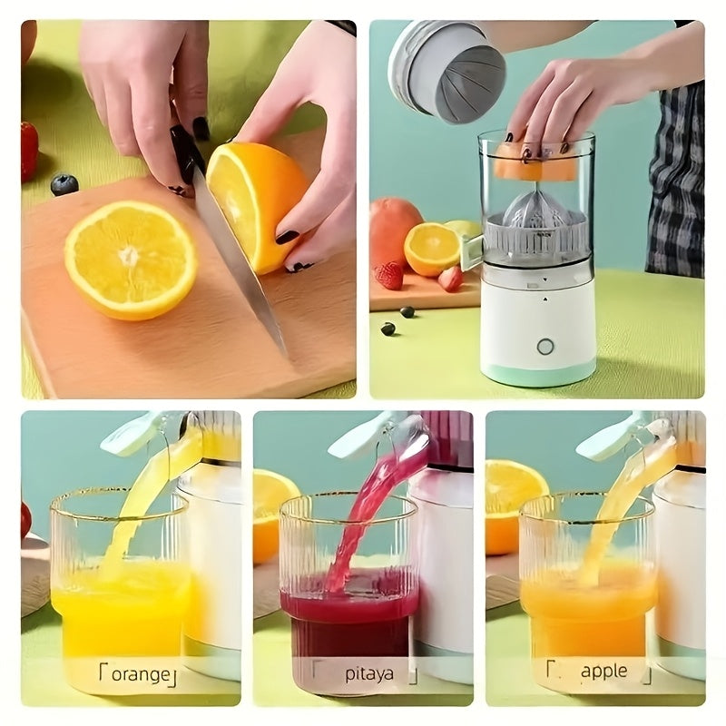 Exprimidor eléctrico portátil recargable por USB HHD: prensa automática compacta de cítricos y frutas con separador de pulpa, cuchillas de acero inoxidable fáciles de limpiar, incluye batería de polímero de litio para jugo fresco en casa.