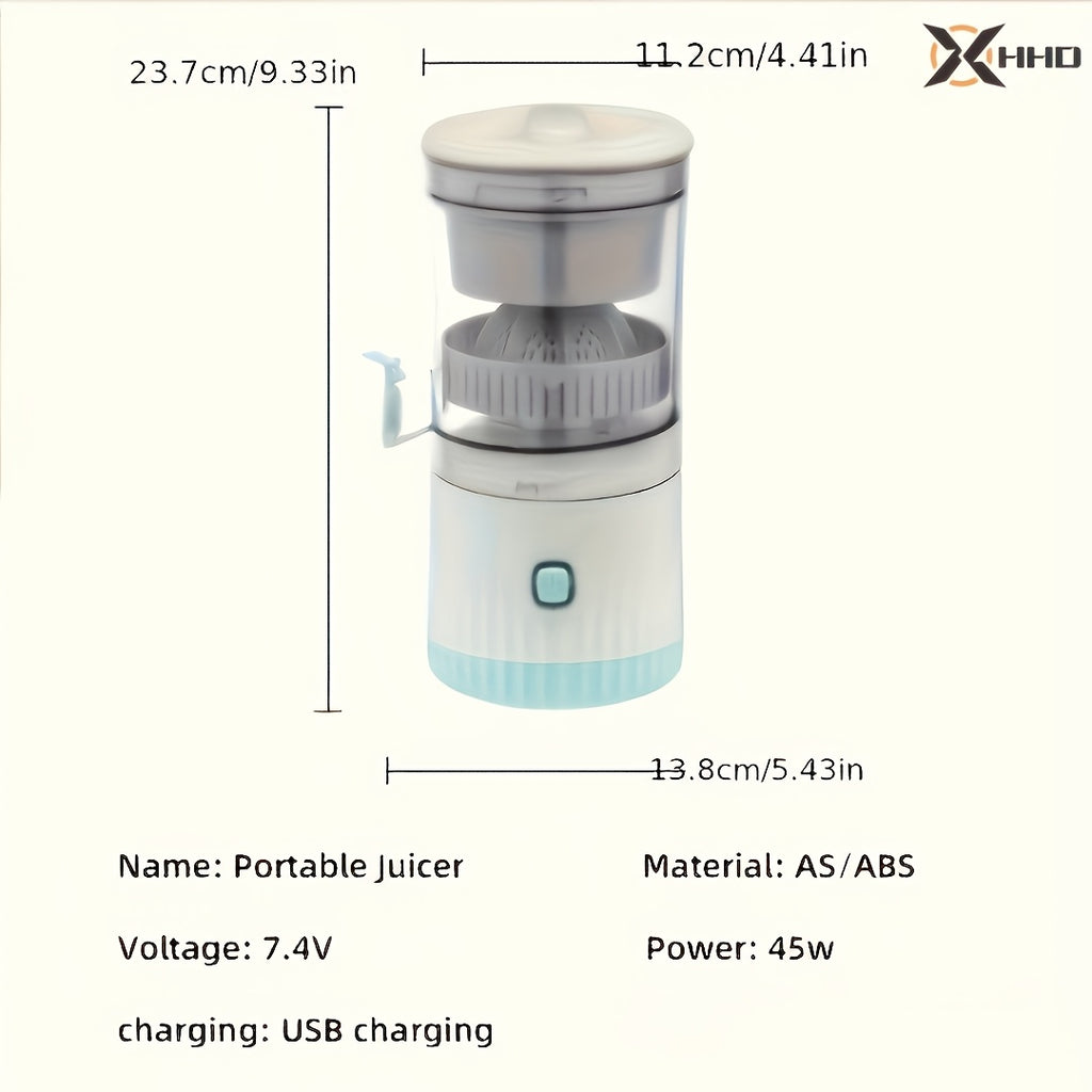 Exprimidor eléctrico portátil recargable por USB HHD: prensa automática compacta de cítricos y frutas con separador de pulpa, cuchillas de acero inoxidable fáciles de limpiar, incluye batería de polímero de litio para jugo fresco en casa.