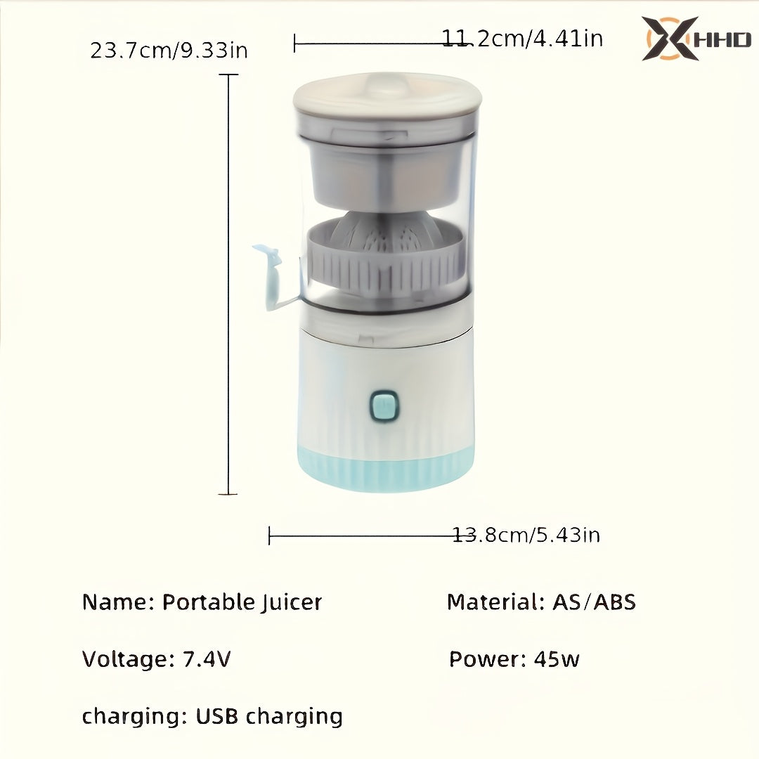 Exprimidor eléctrico portátil recargable por USB HHD: prensa automática compacta de cítricos y frutas con separador de pulpa, cuchillas de acero inoxidable fáciles de limpiar, incluye batería de polímero de litio para jugo fresco en casa.