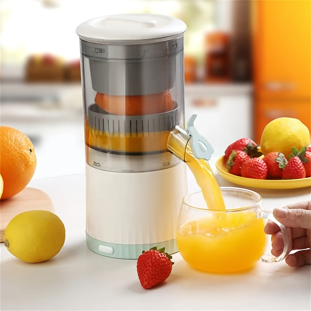 Exprimidor eléctrico portátil recargable por USB HHD: prensa automática compacta de cítricos y frutas con separador de pulpa, cuchillas de acero inoxidable fáciles de limpiar, incluye batería de polímero de litio para jugo fresco en casa.