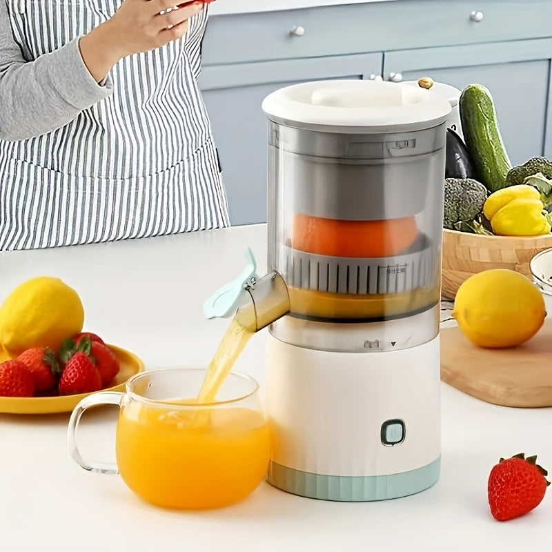 Exprimidor eléctrico portátil recargable por USB HHD: prensa automática compacta de cítricos y frutas con separador de pulpa, cuchillas de acero inoxidable fáciles de limpiar, incluye batería de polímero de litio para jugo fresco en casa.