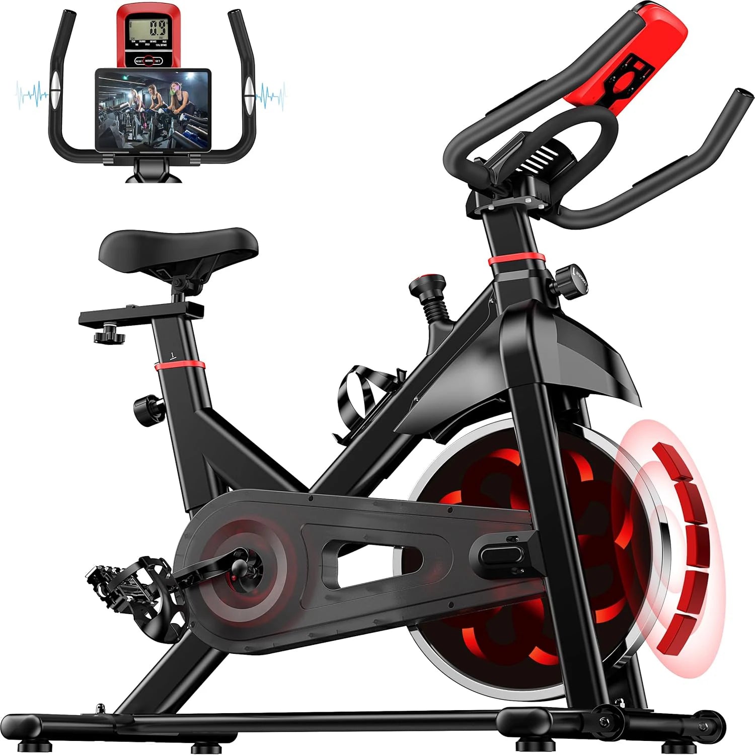 Bicicleta estática de spinning para interiores con volante de inercia de 6 kg, silenciosa, con resistencia magnética y sensor de pulso, capacidad de carga de 150 kg.