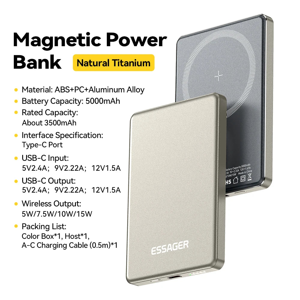 Batería externa inalámbrica delgada Essager magnética de 20 W y 5000 mAh, portátil, de carga rápida, compatible con Magsafe para iPhone 16, 15, 14 y 13