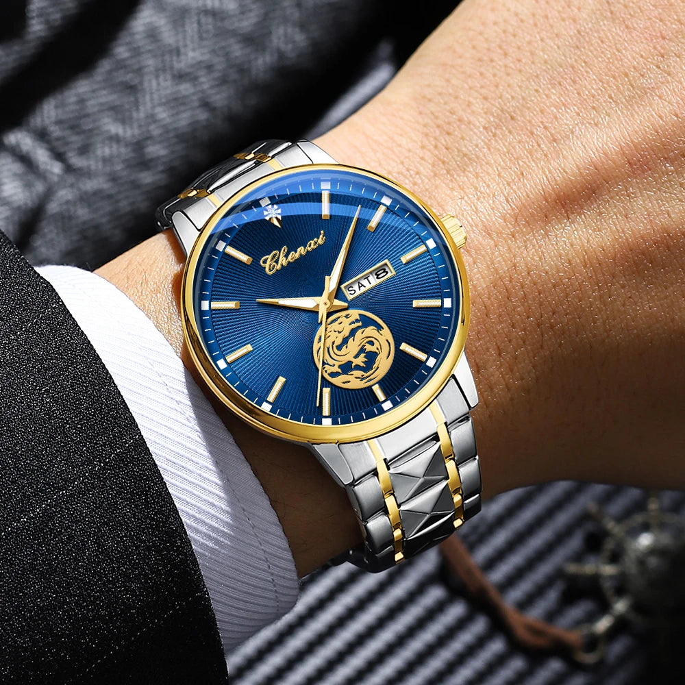 CHENXI - Reloj de negocios clásico para hombre, reloj de cuarzo original para hombre, reloj de pulsera luminoso resistente al agua con espejo de superficie curva a la moda.