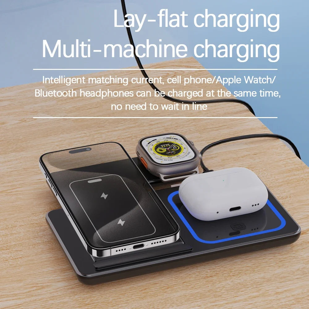 Cargador inalámbrico 3 en 1 de escritorio, estación de carga rápida plegable para iPhone 16, 15, 14, 13 y 12, Apple Watch 10/9/8/7/6 y AirPods 3/2.