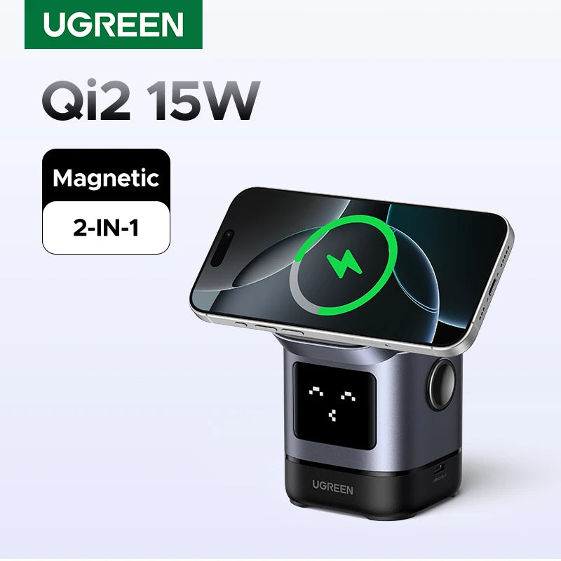 Cargador inalámbrico magnético UGREEN Uno Qi2 de 25 W con base de carga y cable para iPhone 16 Pro Max/AirPods 4 y cargador rápido MagSafe