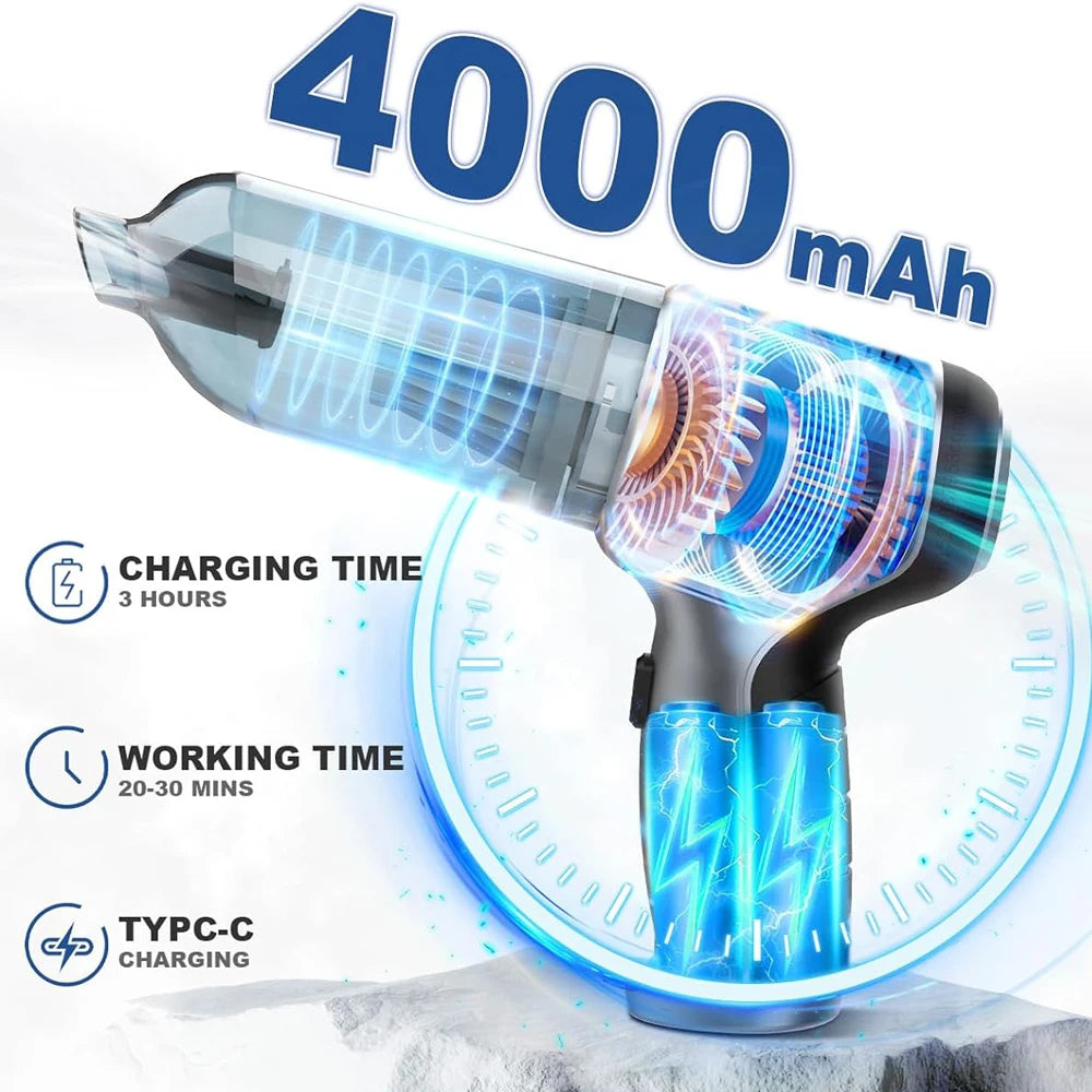 Aspiradora portátil inalámbrica para coche, 95000 PA, potente succión, miniaspiradora de mano, soplador de alta potencia para coche y hogar.