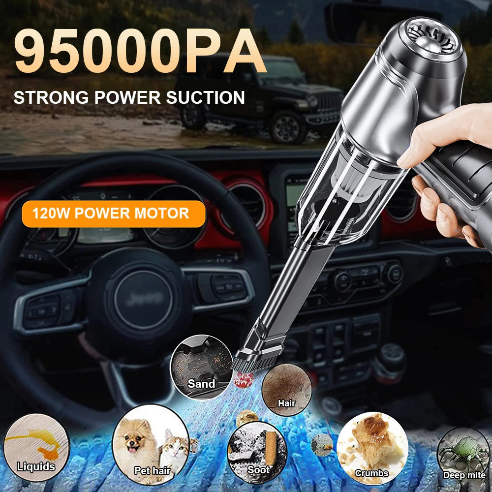 Aspiradora portátil inalámbrica para coche, 95000 PA, potente succión, miniaspiradora de mano, soplador de alta potencia para coche y hogar.