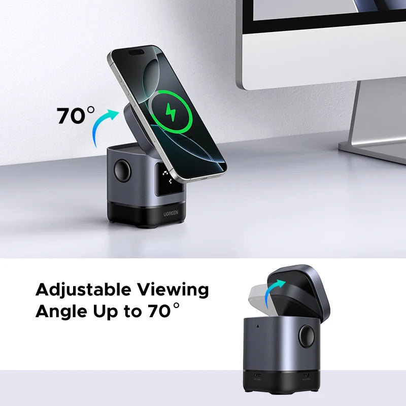 Cargador inalámbrico magnético UGREEN Uno Qi2 de 25 W con base de carga y cable para iPhone 16 Pro Max/AirPods 4 y cargador rápido MagSafe
