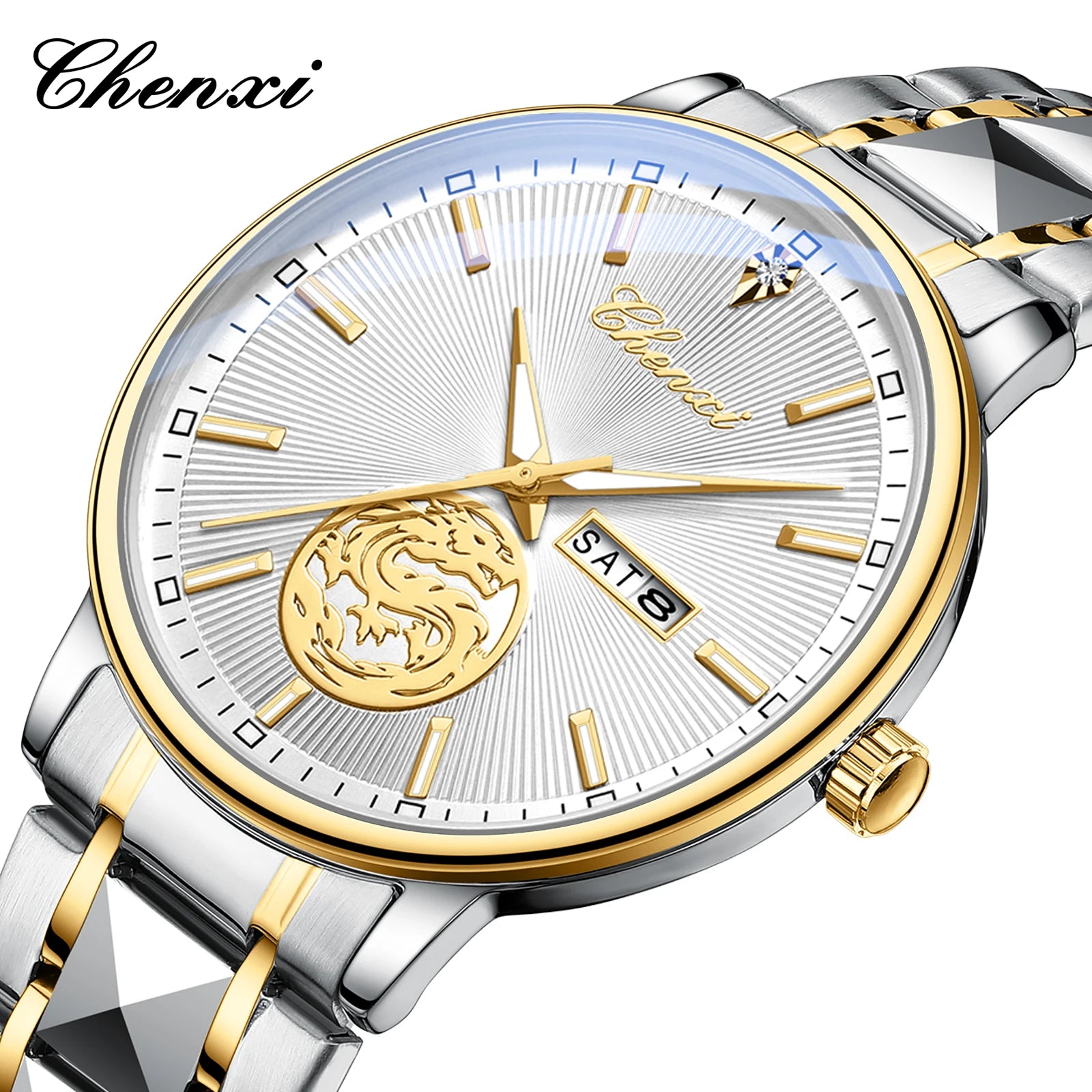 CHENXI - Reloj de negocios clásico para hombre, reloj de cuarzo original para hombre, reloj de pulsera luminoso resistente al agua con espejo de superficie curva a la moda.