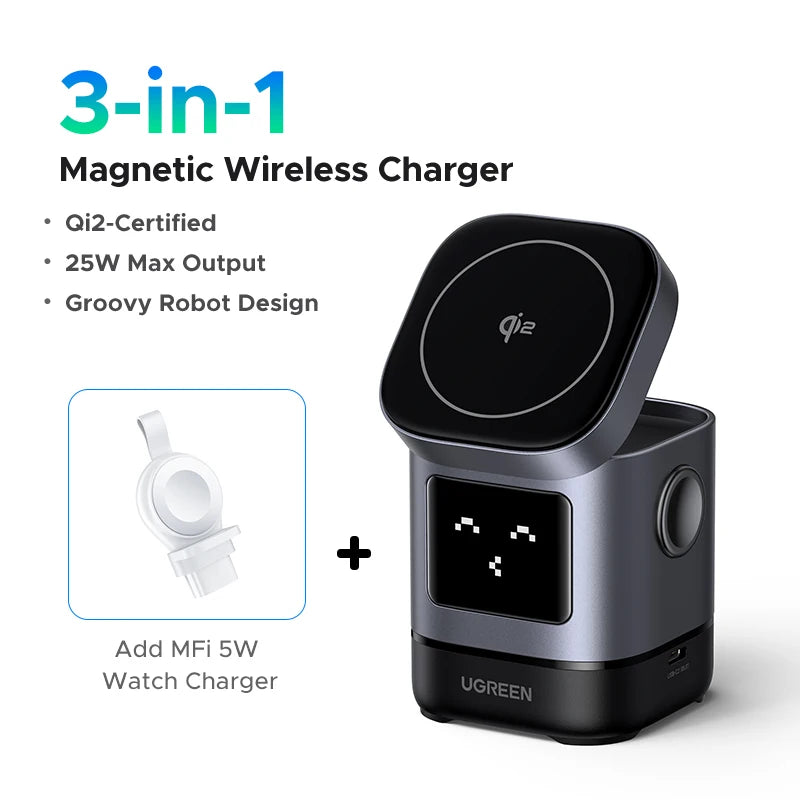 Cargador inalámbrico magnético UGREEN Uno Qi2 de 25 W con base de carga y cable para iPhone 16 Pro Max/AirPods 4 y cargador rápido MagSafe