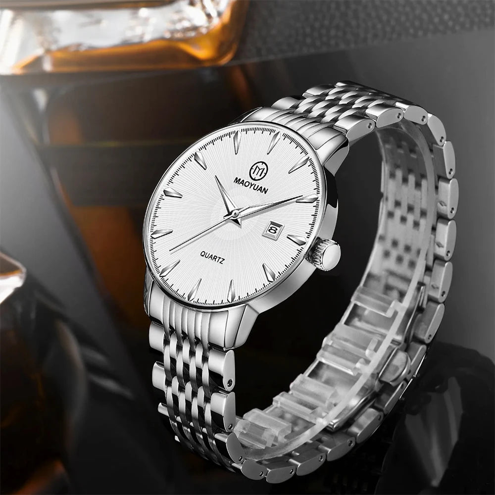 Maoyuan 2025 Reloj deportivo clásico de acero inoxidable para hombre, resistente al agua, luminoso, de cuarzo y calendario, ideal para negocios y ocio.