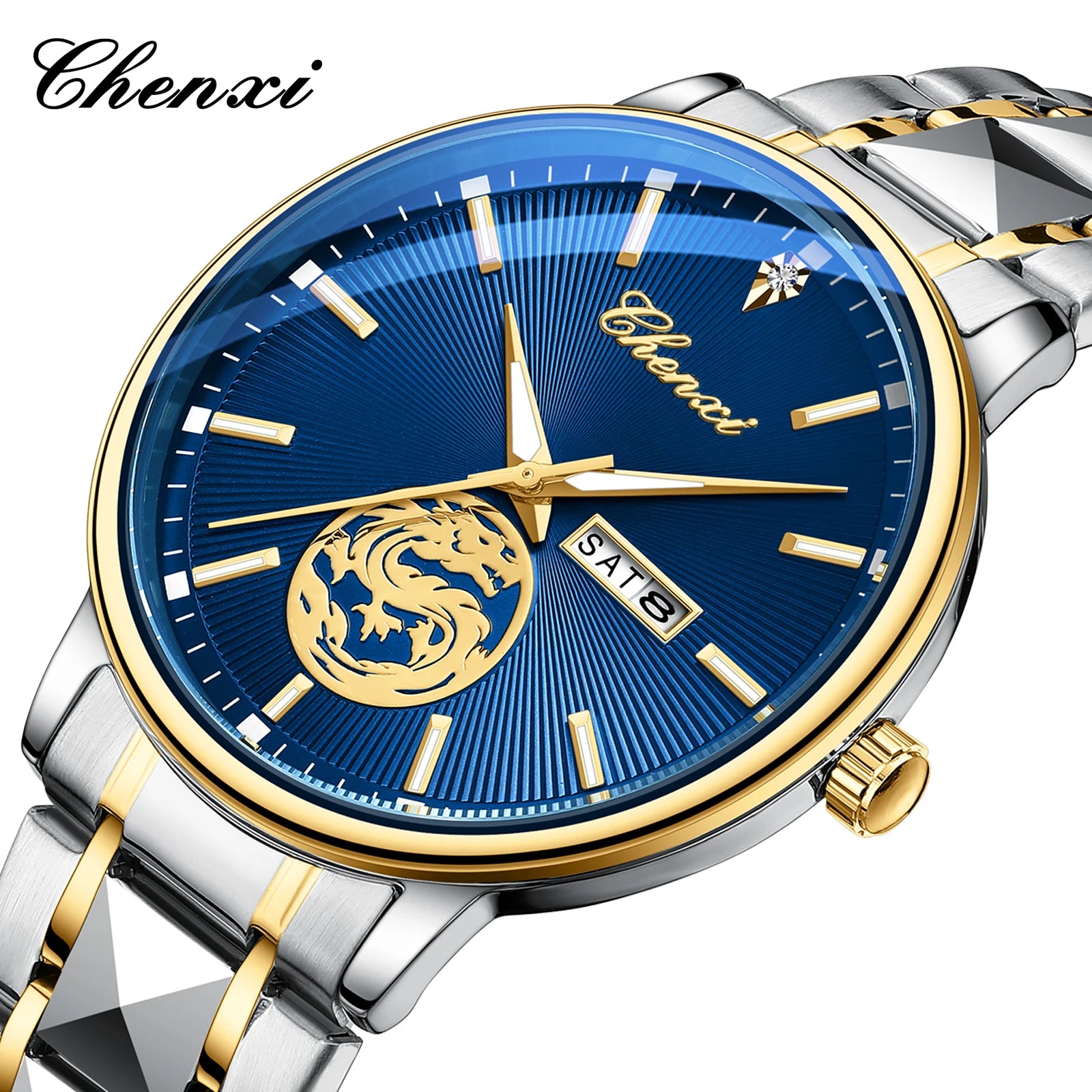 CHENXI - Reloj de negocios clásico para hombre, reloj de cuarzo original para hombre, reloj de pulsera luminoso resistente al agua con espejo de superficie curva a la moda.