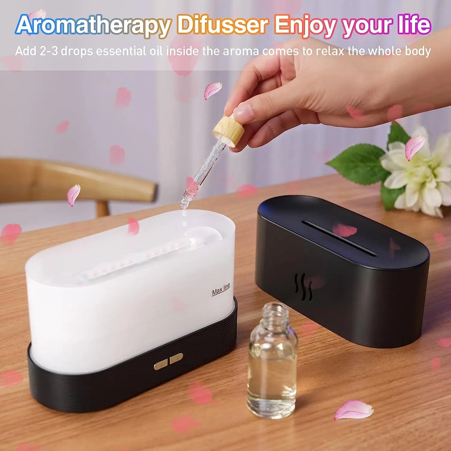 Difusor de aroma, humidificador de aire, atomizador ultrasónico de niebla fría, lámpara de llama de siete colores con simulación de aceite esencial LED, difusor para dormitorio