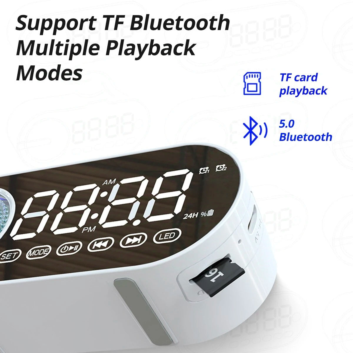 Altavoz Bluetooth inalámbrico G30 NY Mirror Clock con USB, LED, FM, luz ambiental colorida, graves potentes, portátil, regalo