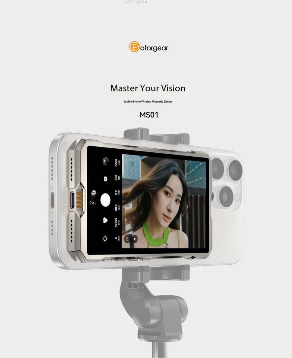 Pantalla magnética para selfies Fotorgear MS01 para teléfono inteligente, cámara trasera, videollamadas, transmisión en vivo para iPhone y Android.