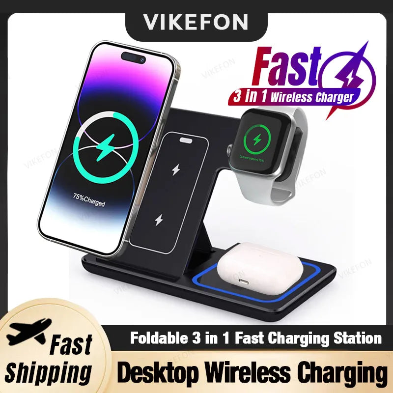 Cargador inalámbrico 3 en 1 de escritorio, estación de carga rápida plegable para iPhone 16, 15, 14, 13 y 12, Apple Watch 10/9/8/7/6 y AirPods 3/2.