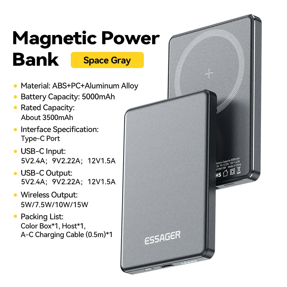 Batería externa inalámbrica delgada Essager magnética de 20 W y 5000 mAh, portátil, de carga rápida, compatible con Magsafe para iPhone 16, 15, 14 y 13