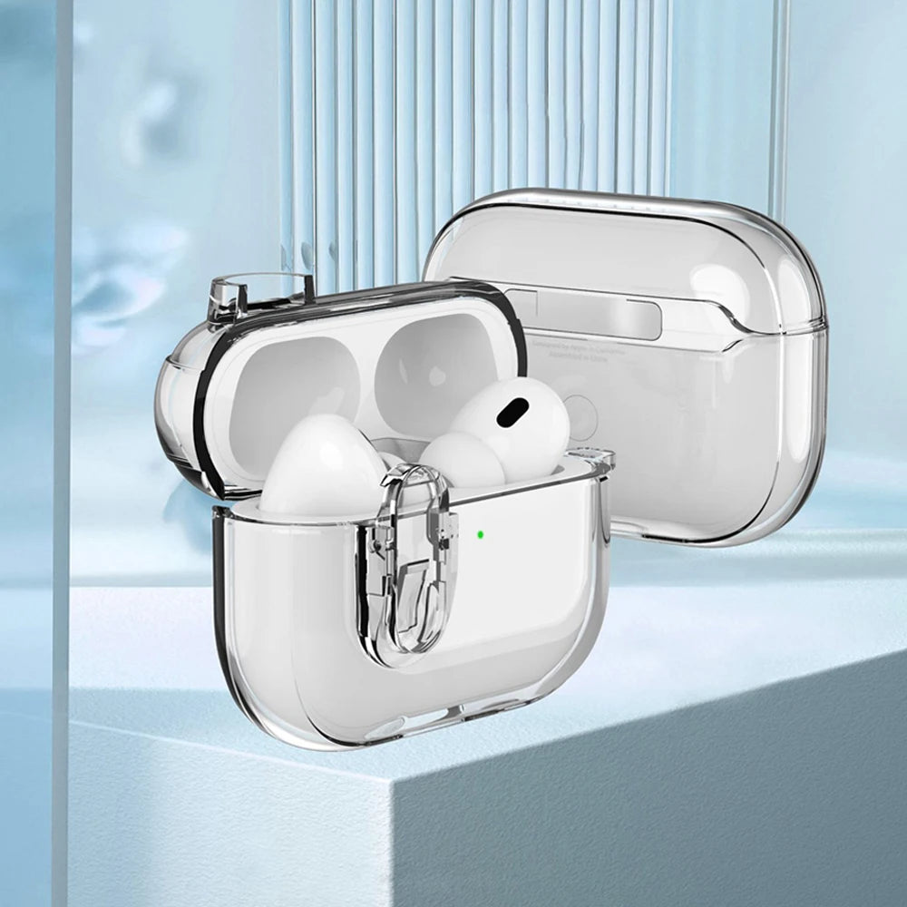 Funda transparente de cristal para auriculares inalámbricos Bluetooth Airpods Pro 2.º, cubierta de TPU transparente con interruptor de bloqueo para Airpods 4 (2024)