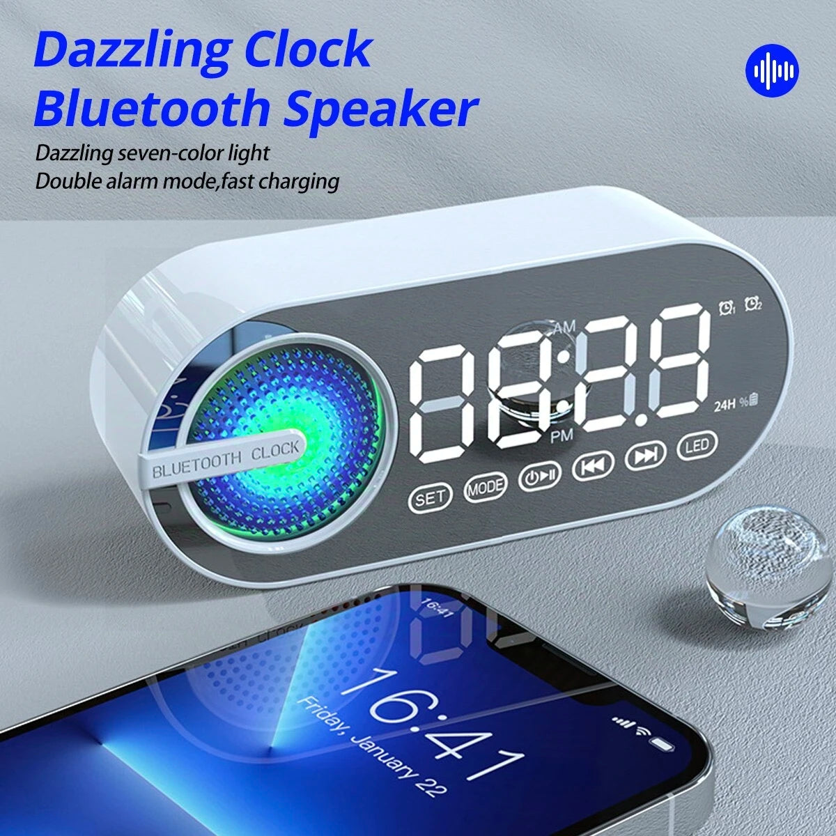 Altavoz Bluetooth inalámbrico G30 NY Mirror Clock con USB, LED, FM, luz ambiental colorida, graves potentes, portátil, regalo
