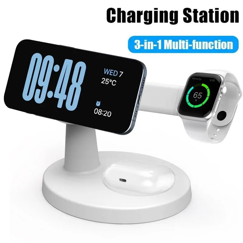 Cargador inalámbrico magnético 3 en 1 para iPhone 16, 15, 14, 13 Pro Max, Apple Watch 9, 8 y AirPods Pro. Estación de carga rápida.