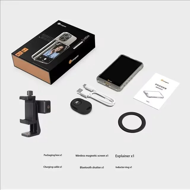Pantalla magnética para selfies Fotorgear MS01 para teléfono inteligente, cámara trasera, videollamadas, transmisión en vivo para iPhone y Android.