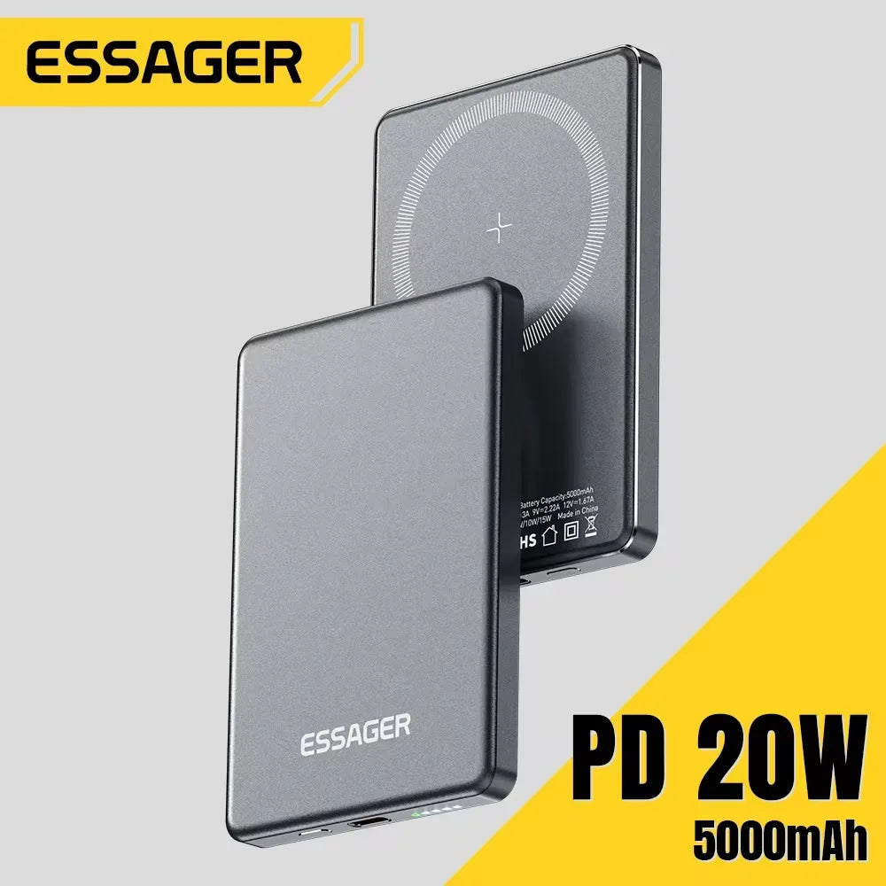 Batería externa inalámbrica delgada Essager magnética de 20 W y 5000 mAh, portátil, de carga rápida, compatible con Magsafe para iPhone 16, 15, 14 y 13