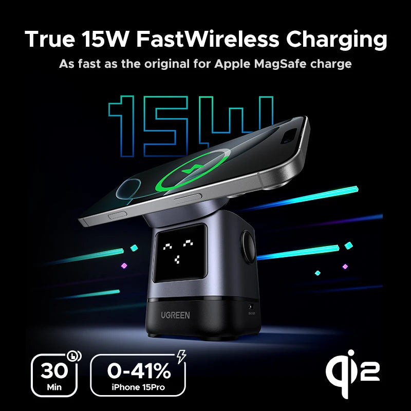 Cargador inalámbrico magnético UGREEN Uno Qi2 de 25 W con base de carga y cable para iPhone 16 Pro Max/AirPods 4 y cargador rápido MagSafe