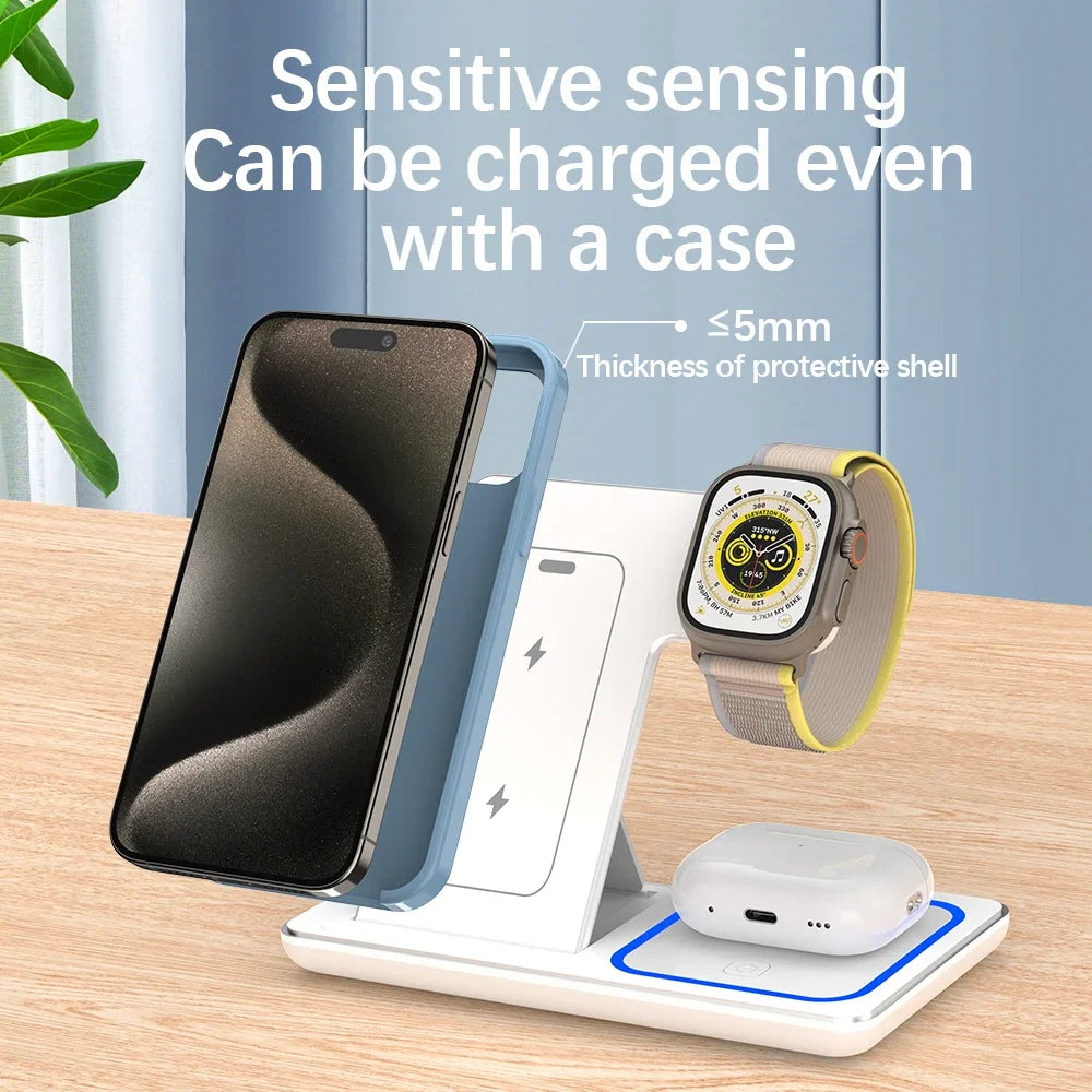 Cargador inalámbrico 3 en 1 de escritorio, estación de carga rápida plegable para iPhone 16, 15, 14, 13 y 12, Apple Watch 10/9/8/7/6 y AirPods 3/2.