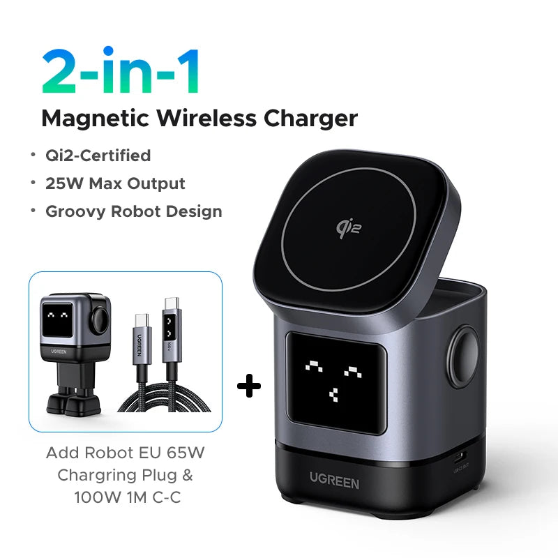Cargador inalámbrico magnético UGREEN Uno Qi2 de 25 W con base de carga y cable para iPhone 16 Pro Max/AirPods 4 y cargador rápido MagSafe