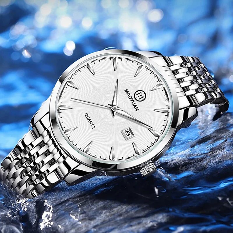 Maoyuan 2025 Reloj deportivo clásico de acero inoxidable para hombre, resistente al agua, luminoso, de cuarzo y calendario, ideal para negocios y ocio.