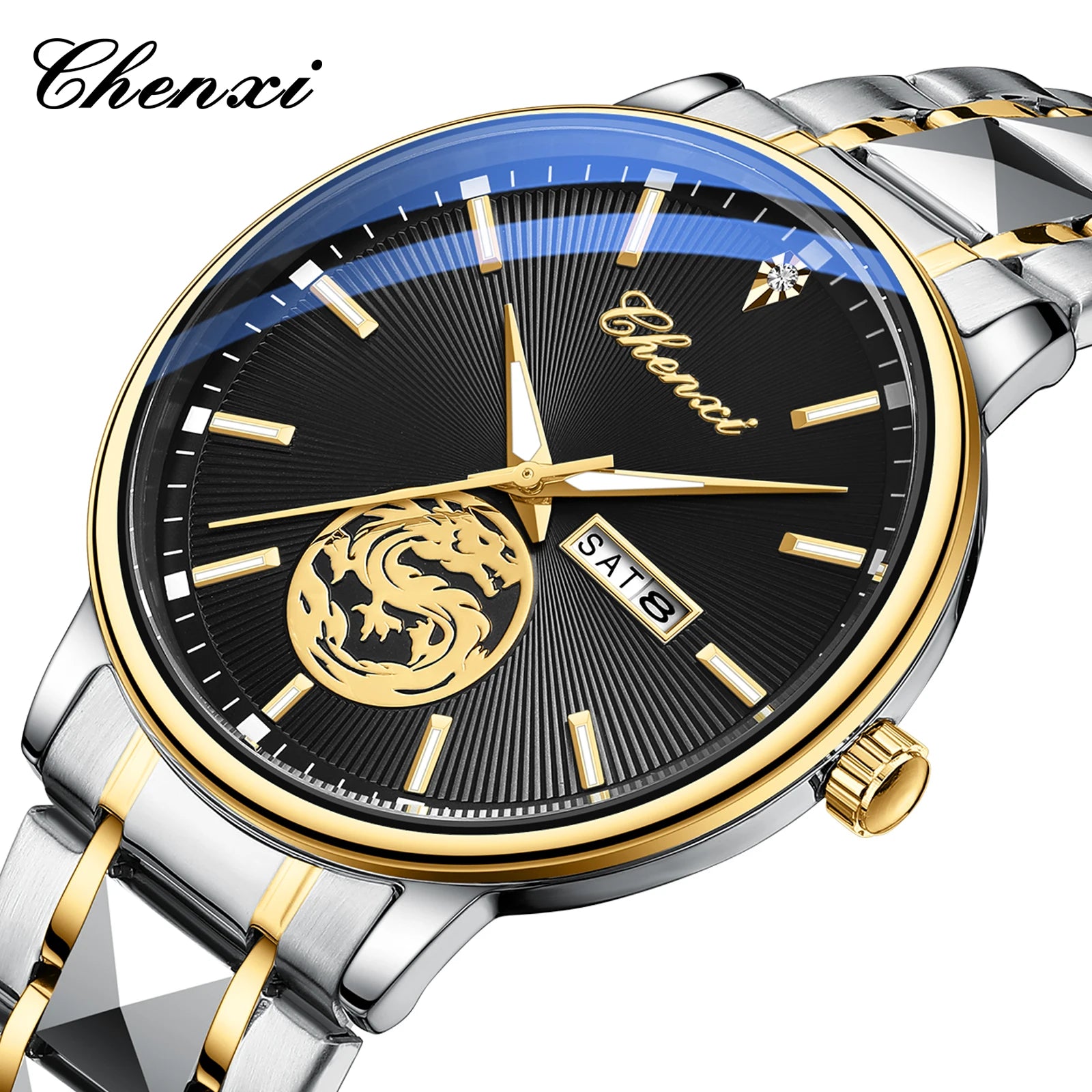 CHENXI - Reloj de negocios clásico para hombre, reloj de cuarzo original para hombre, reloj de pulsera luminoso resistente al agua con espejo de superficie curva a la moda.