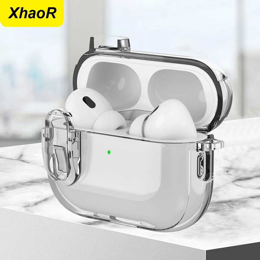Funda transparente de cristal para auriculares inalámbricos Bluetooth Airpods Pro 2.º, cubierta de TPU transparente con interruptor de bloqueo para Airpods 4 (2024)