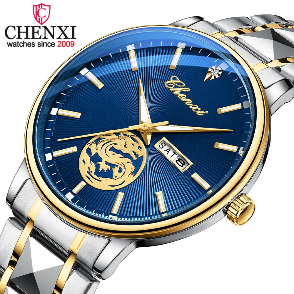CHENXI - Reloj de negocios clásico para hombre, reloj de cuarzo original para hombre, reloj de pulsera luminoso resistente al agua con espejo de superficie curva a la moda.