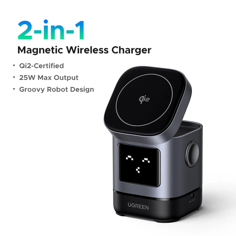 Cargador inalámbrico magnético UGREEN Uno Qi2 de 25 W con base de carga y cable para iPhone 16 Pro Max/AirPods 4 y cargador rápido MagSafe