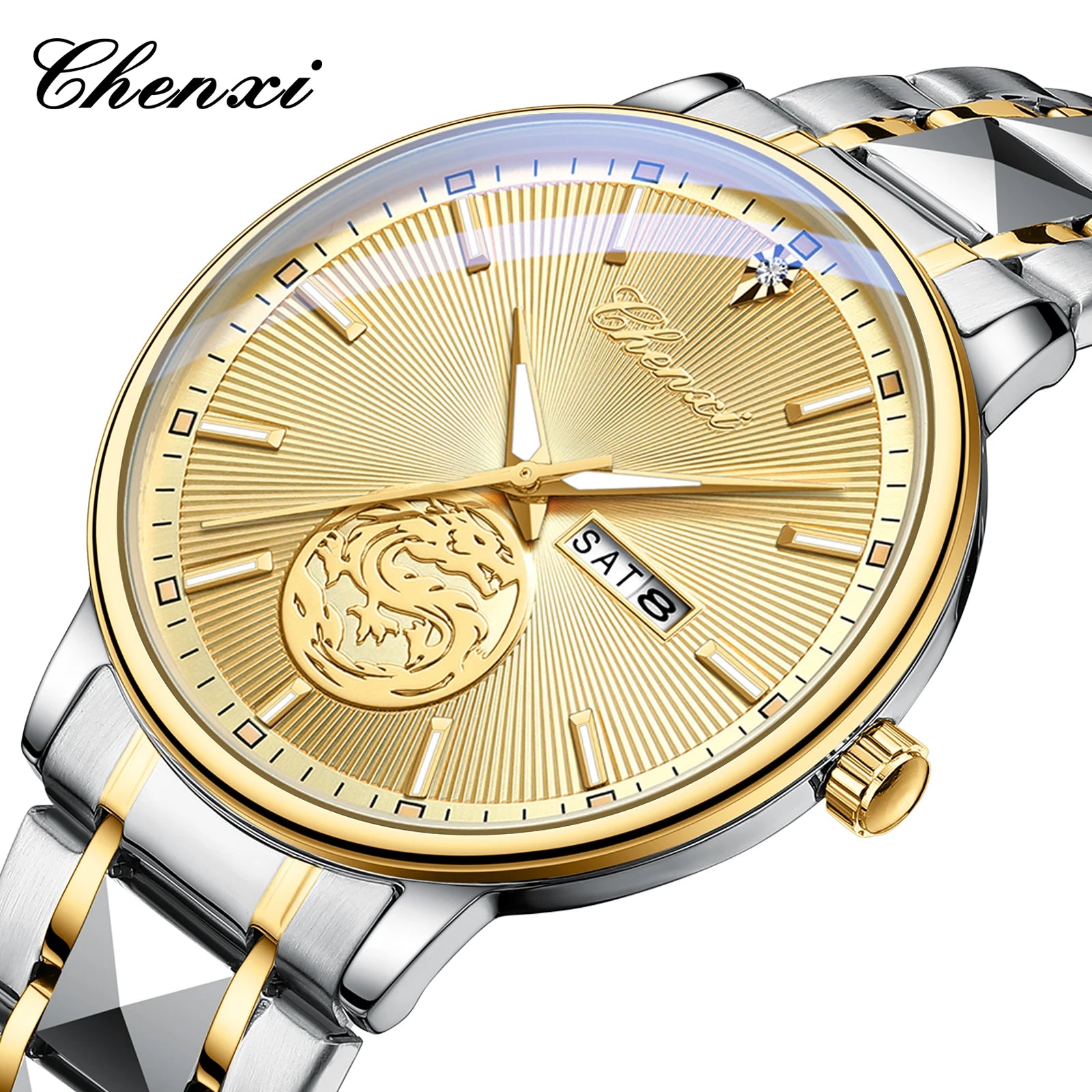 CHENXI - Reloj de negocios clásico para hombre, reloj de cuarzo original para hombre, reloj de pulsera luminoso resistente al agua con espejo de superficie curva a la moda.