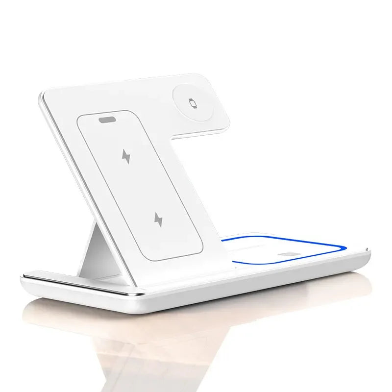Cargador inalámbrico 3 en 1 de escritorio, estación de carga rápida plegable para iPhone 16, 15, 14, 13 y 12, Apple Watch 10/9/8/7/6 y AirPods 3/2.