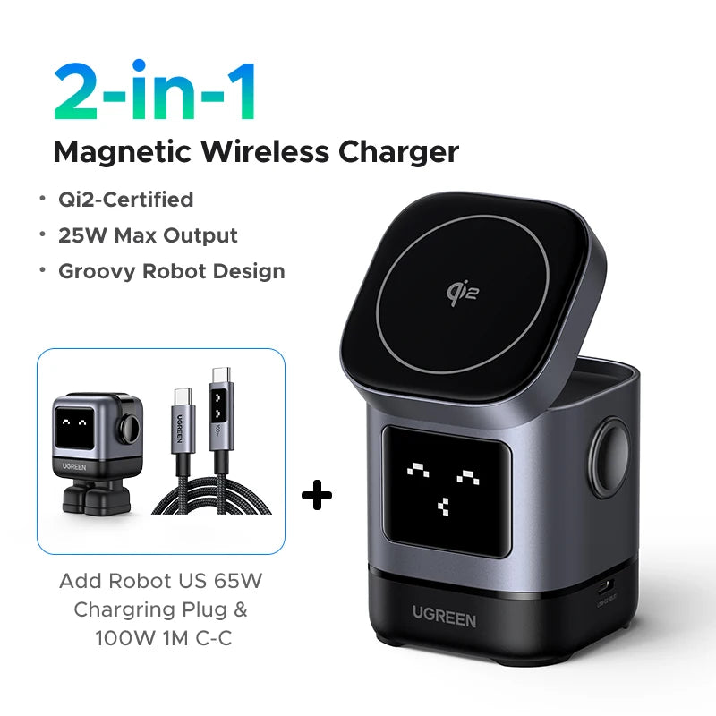 Cargador inalámbrico magnético UGREEN Uno Qi2 de 25 W con base de carga y cable para iPhone 16 Pro Max/AirPods 4 y cargador rápido MagSafe