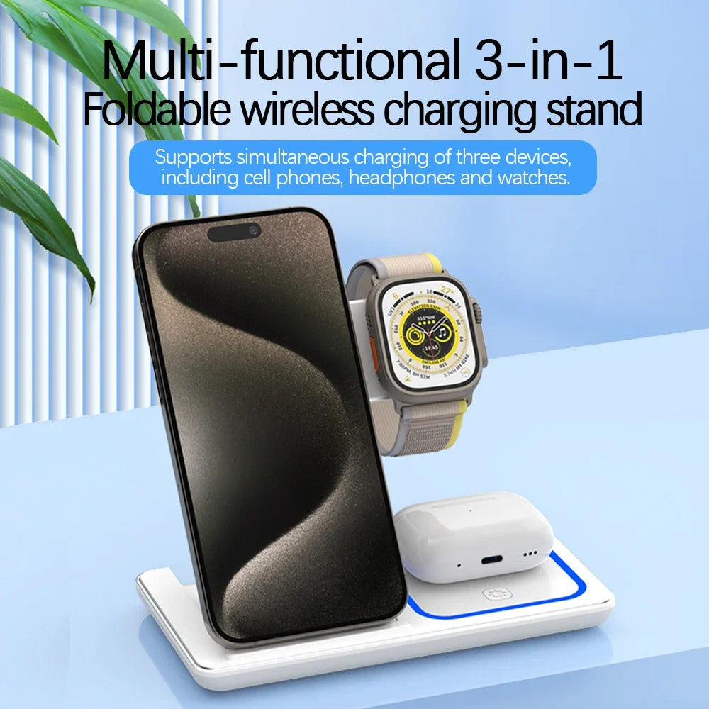Cargador inalámbrico 3 en 1 de escritorio, estación de carga rápida plegable para iPhone 16, 15, 14, 13 y 12, Apple Watch 10/9/8/7/6 y AirPods 3/2.