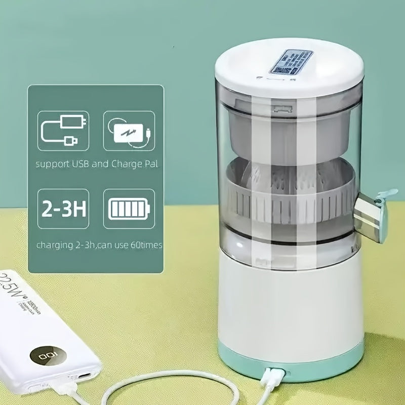 Exprimidor eléctrico portátil recargable por USB HHD: prensa automática compacta de cítricos y frutas con separador de pulpa, cuchillas de acero inoxidable fáciles de limpiar, incluye batería de polímero de litio para jugo fresco en casa.